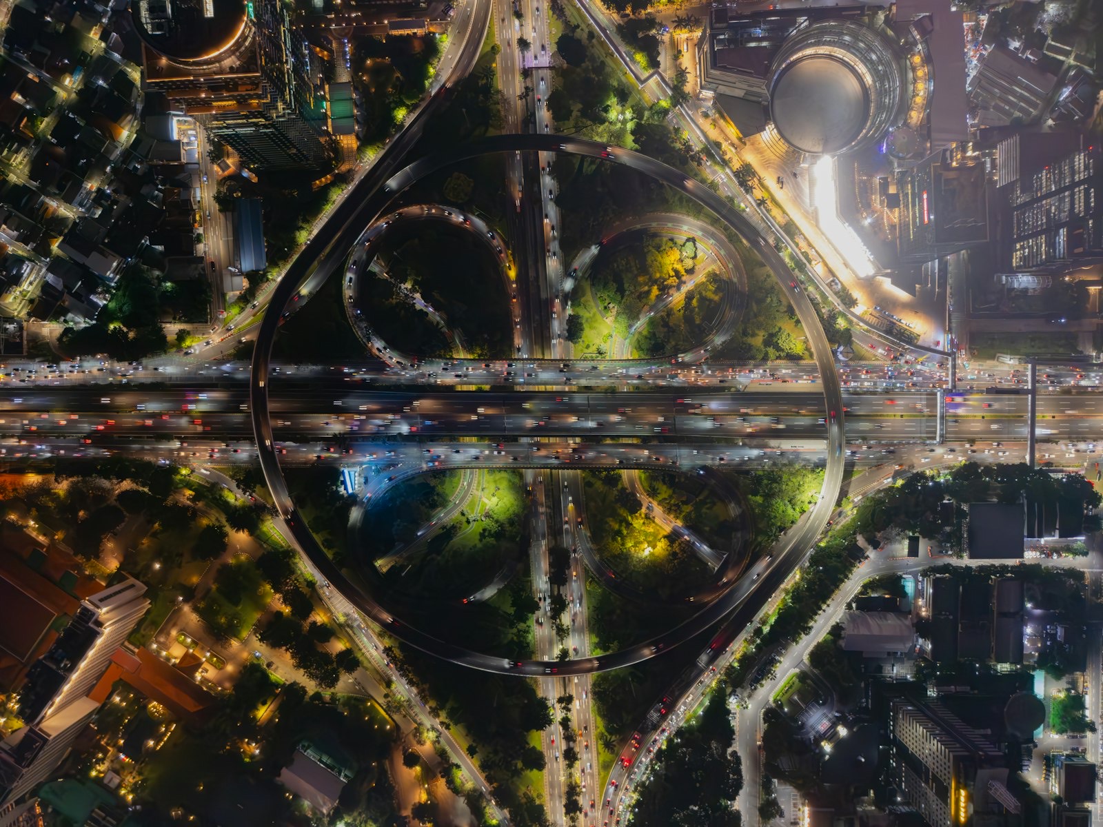 Aerial view of a highway interchange at night